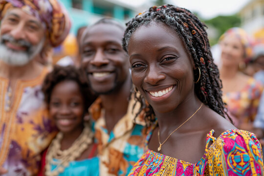 Vibrant, joyful family in traditional African attire smiles warmly. Bright colors and intricate patterns celebrate cultural pride. Children and adults exude happiness and unity in festive gathering
