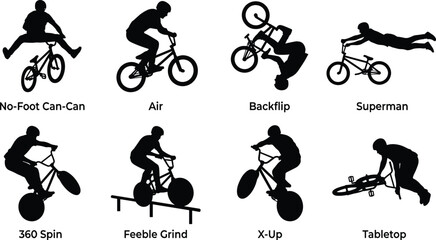 Obraz premium BMX Freestyle Trick Silhouette Collection Featuring Extreme Bicycle Stunts and Skatepark Action Vector Set