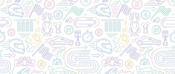 Naklejka premium Racing icons colorful line art seamless pattern.