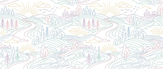 Obraz premium Rolling hills landscape with sunrise line art background.