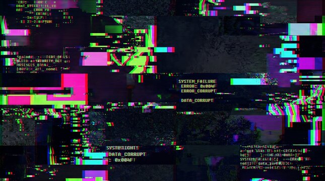 Abstract digital glitch background featuring RGB distortion, system failure messages, data corruption effects, and cyber noise. Ideal for cybersecurity, hacking, technology, network failure