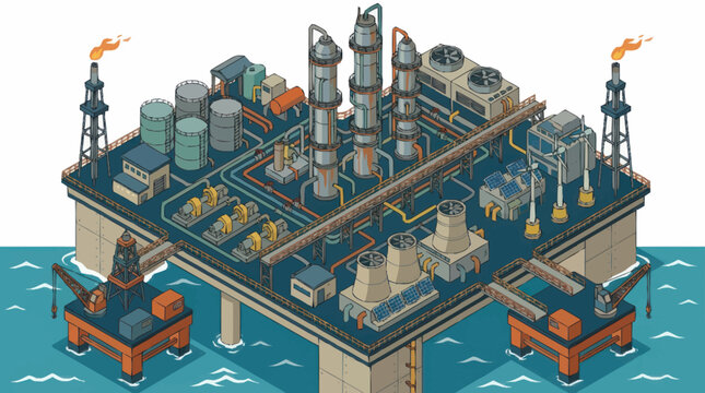 Offshore oil rig platform in the ocean with industrial equipment.
