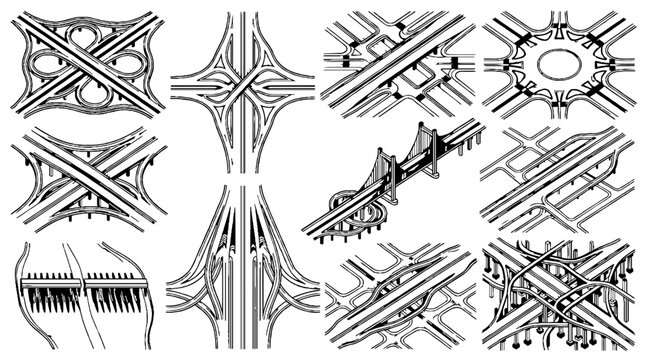 Collection of hand drawn highway interchanges and complex road junctions in black and white sketch style.