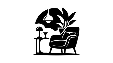 Fototapeta premium Armchair table and plant silhouette against a white background