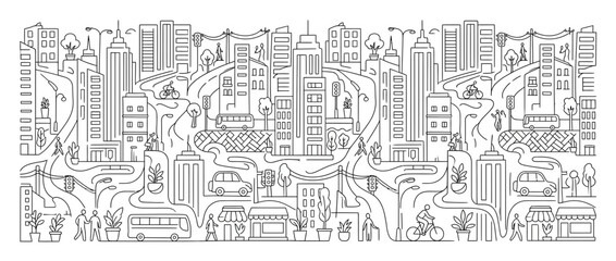 Fototapeta premium Urban city skyline and street life line art.
