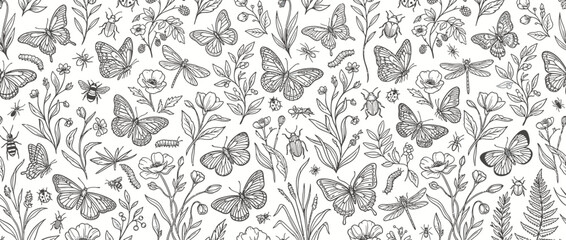 Obraz premium Wildflowers and butterflies nature line art pattern.