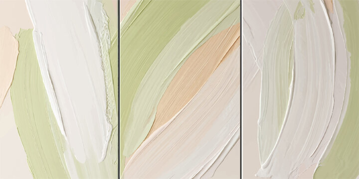 Three panel abstract art set with thick palette knife texture in sage and earth tones abstract painting triptych contemporary aesthetic creative interior backdrop artistic composition