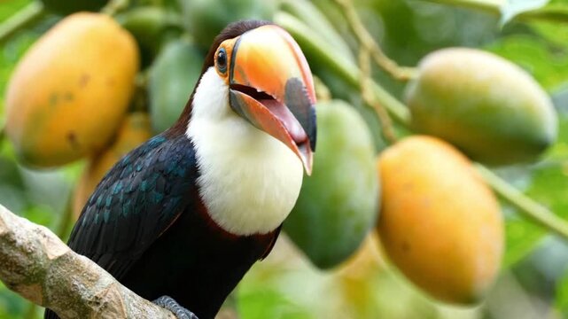 Toucan sitting on a branch surrounded by mango fruits yellow billed toucan