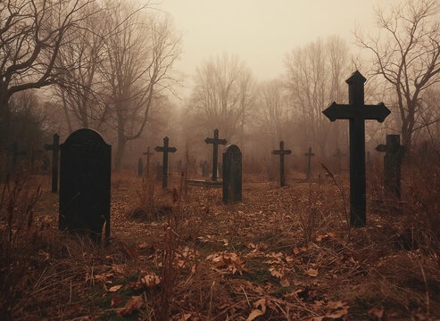 Earthy brown desolate graveyard cross headstones