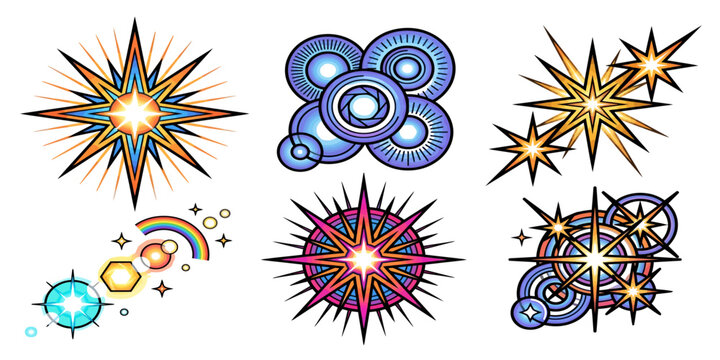 Neon retro psychedelic starburst and geometric circles