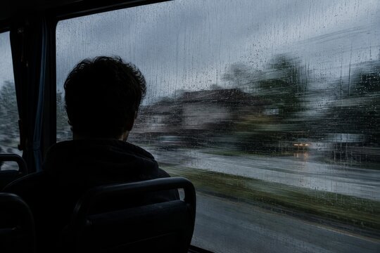 Man looking out of a bus window during a rainy trip. Labor migrant traveling to a new job in a foreign country. Melancholic journey, departure, loneliness and migration search concept.