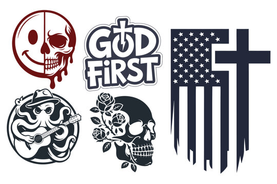 God First Christian Skull Set with American Flag Cross and Gothic Religious Typography Vector Design