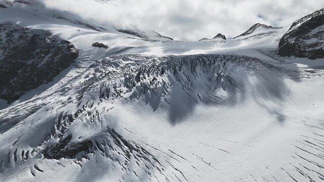 Aerial Drone View of Steingletscher Glacier Crevasses in Swiss Alps, Canton of Bern, Switzerland