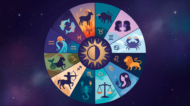 Zodiac wheel. Textured cosmos background