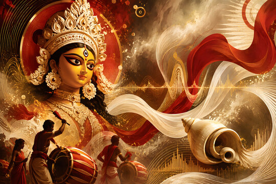 Durga Puja Cultural Festival Illustration with Sacred Conch and Drummers
