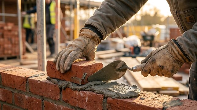 Construction worker laying bricks with a trowel on a sunny day