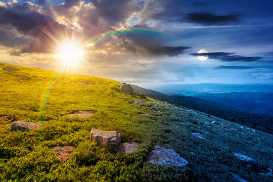 nature scenery with mountain under summer sky. day meet night. sun and moon over alpine landscape of carpathian mountain with grassy slopes. low fluffy clouds on high altitude. summer vacations