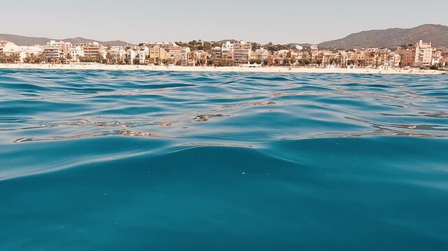 V&iacute;deo 4K grabado a ras de agua desde el mar, con la superficie turquesa en primer plano y la costa de El Masnou al fondo. La escena muestra un paisaje mediterr&aacute;neo tranquilo, con oleaje suave, horizon