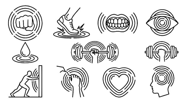 Collection of black line icons representing physical impact force and sensory vibration effects.