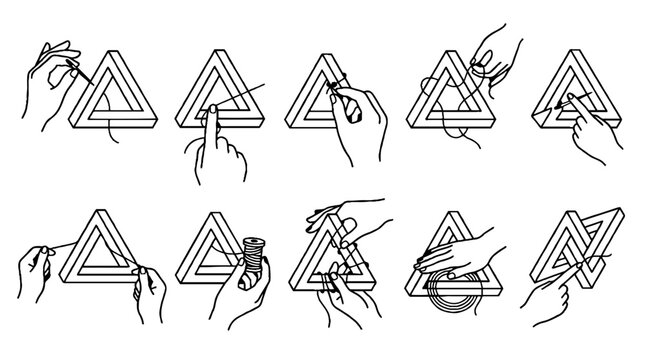 Set of hands interacting with Penrose triangle optical illusion in black and white line art style.