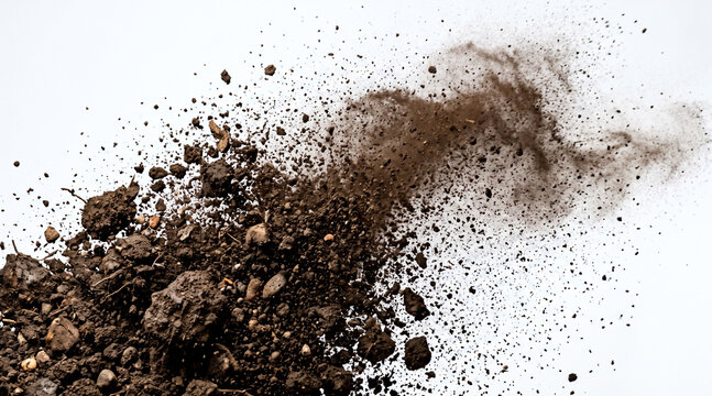 Dark brown soil particles exploding in motion isolated on a bright white background