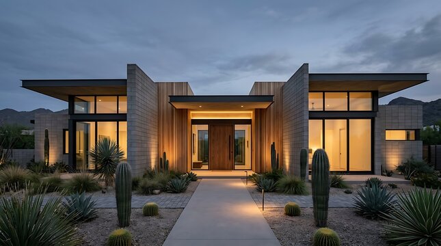 Modern desert home exterior with cactus landscape at dusk