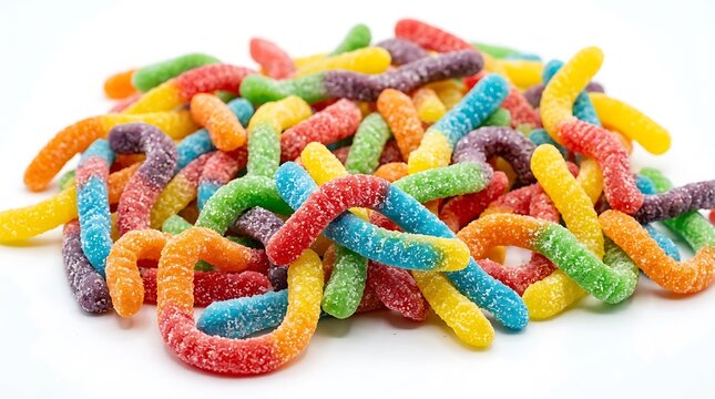 Colorful gummy worms pile sweet candy isolated on white background