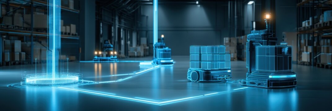 Autonomous robots manage traffic in a warehouse with glowing pathways and linked safety controls for improved logistics efficiency.