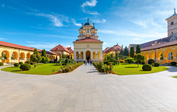 alba iulia, romania - 13 oct 2019: coronation cathedral. holy trinity romanian orthodox cathedral located in alba iulia citadel. sunny autumn day. popular travel destination in europe