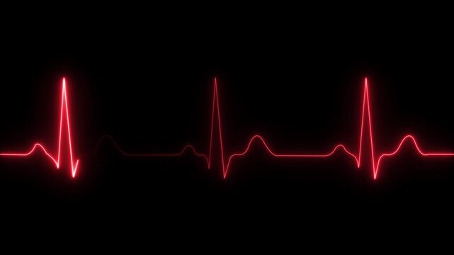 Neon heart rate monitor electrocardiogram (ECG), heartbeat looping 4K animation, black background.