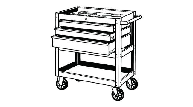 A wheeled tool chest with three drawers, one of which is open, filled with various tools and equipment. The chest has a handle on one side and is depicted in a clear, crisp illustration