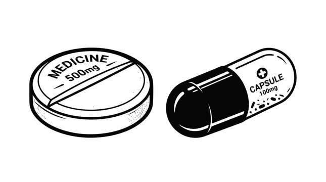 A medical tablet and capsule illustration. The tablet is round and white with MEDICINE 500mg inscribed on it. The capsule is black and white with CAPSULE 100mg written on it.