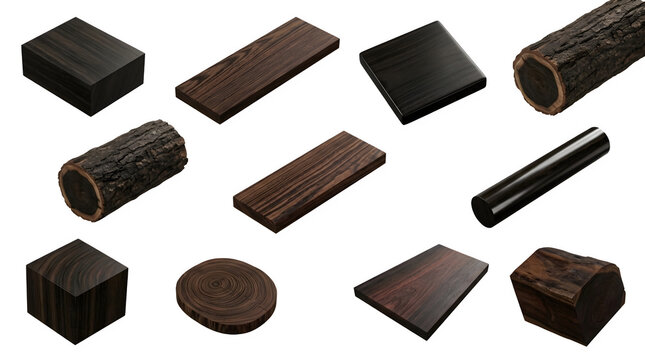 Set of various forms of ebony wood isolated on transparent background