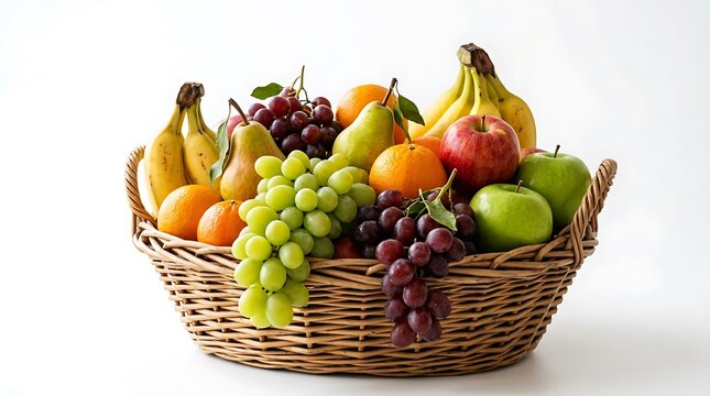Abundant fruit basket with apples bananas grapes pears and oranges