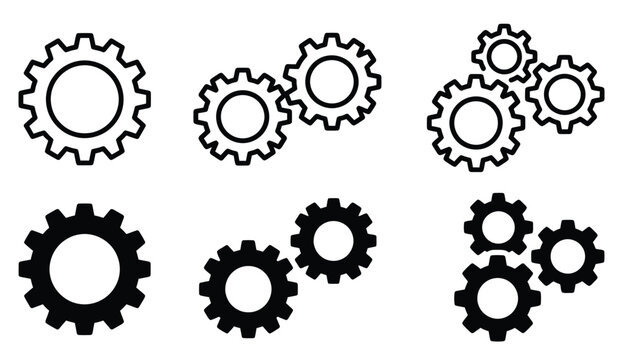 Industrial gear icons set, minimalist black cogwheel vector symbols, mechanical engineering gear wheels for business process and teamwork concepts