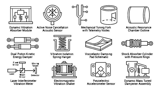 Technical engineering diagrams of vibration control and acoustic damping mechanical components.