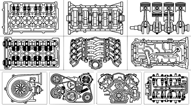Detailed technical line art illustrations of internal combustion engine components and mechanical car parts.