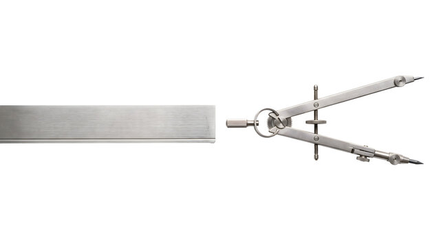 Stainless Steel Ruler and Technical Drawing Compass for Civil Engineering Isolated on Transparent Background