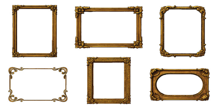 Set of vintage wooden and metal picture frames with ornate decorative borders