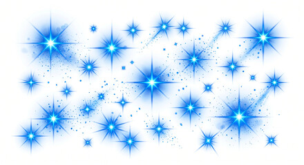 Fototapeta premium Ultra realistic blue star sparkles set, glowing light effects, isolated on white background.