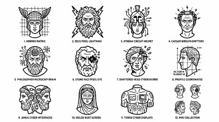 Obraz premium Set of Greek Mythology Gods and Goddesses Reimagined as Cyberpunk Cyborg Characters in Line Art Style.