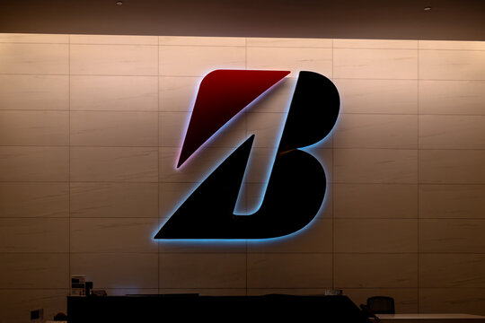 Nashville, Tennessee - June 6, 2026: Logo for Bridgestone Tire company in their headquarters lobby in Nashville, Tennessee
