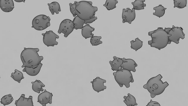 3d animation of falling piggy banks on a gray background representing savings and finance