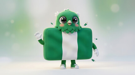 Fototapeta premium Cute green mascot character with white stripe representing Nigeria flag waving arms in festive Copa do Mundo celebration scene