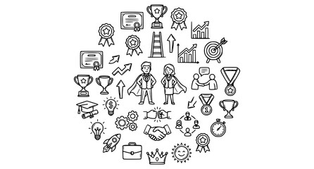 Modern business success doodle icon collection with career and leadership symbols vector set © Md
