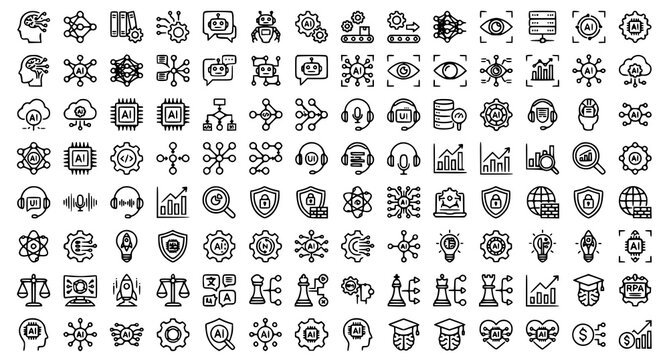 Artificial intelligence AI icon set with machine learning and neural network symbols vector