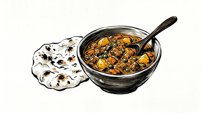 Illustration of curry in a bowl with naan bread