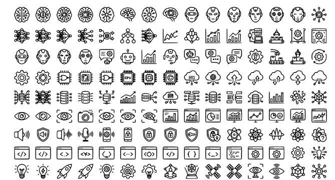 Artificial intelligence icon collection with AI technology and machine learning vector illustration