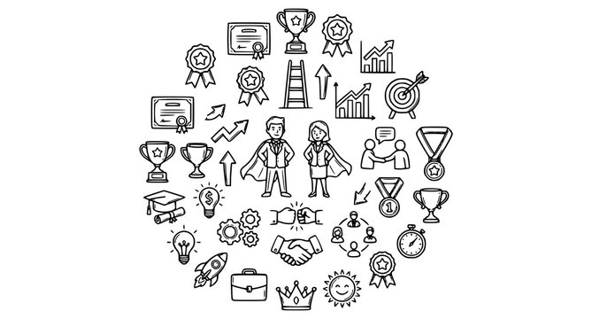 Modern business success doodle icon collection with career and leadership symbols vector set