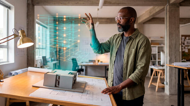 Engaged Architect Touching Holographic Node on Wireframe